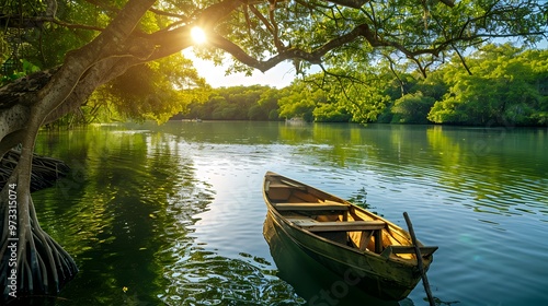 A wooden rowboat tied to the shore of a calm lake, nestled under a shady tree with sunbeams breaking through the canopy.