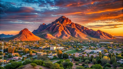 Scottsdale, majestic, stunning, Late evening sun casts a warm reddish glow on the majestic Camelback Mountain in Phoenix Scottsdale Arizona providing a stunning forced perspective view