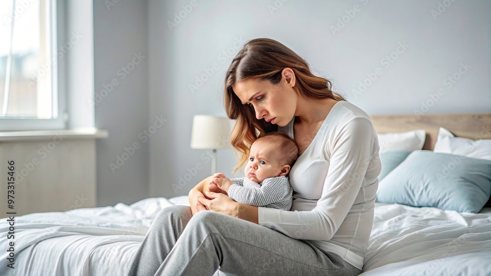 A tired mother sitting on the bed with a sad expression on her face holding her baby in her arms, stress, sleepless nights, parenting, women, loneliness, support, mother and child A tired mother sitting on the bed with a sad expression on her face holding her baby in her arms, stress, sleepless nights, parenting, women, loneliness, support, mother and child
