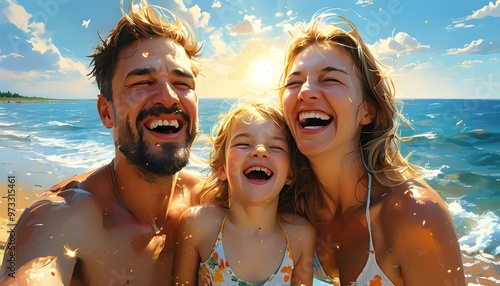 Joyful family exuberantly enjoying a sunny summer day on a golden Baltic beach with diffuse sunlight illuminating the scene photo