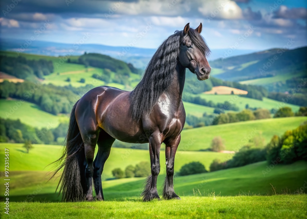 Dark-skinned horse with a shiny black coat and flowing mane, standing in a green meadow, with a beautiful Dark-skinned horse with a shiny black coat and flowing mane, standing in a green meadow, with a beautiful
