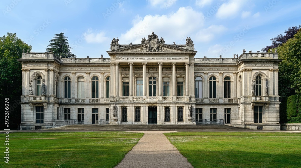 A grand classical building with a symmetrical facade and a path leading to the entrance. A grand classical building with a symmetrical facade and a path leading to the entrance.