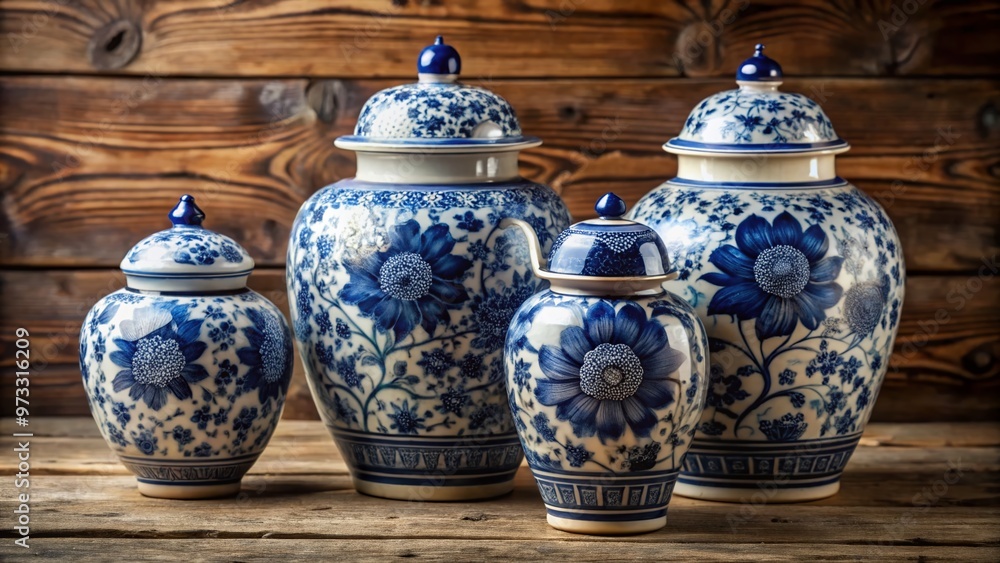 Delicate blue and white ceramic ginger jars with intricate floral patterns and lids, perfectly arranged on a distressed wooden table, evoking a sense of vintage charm. Delicate blue and white ceramic ginger jars with intricate floral patterns and lids, perfectly arranged on a distressed wooden table, evoking a sense of vintage charm.