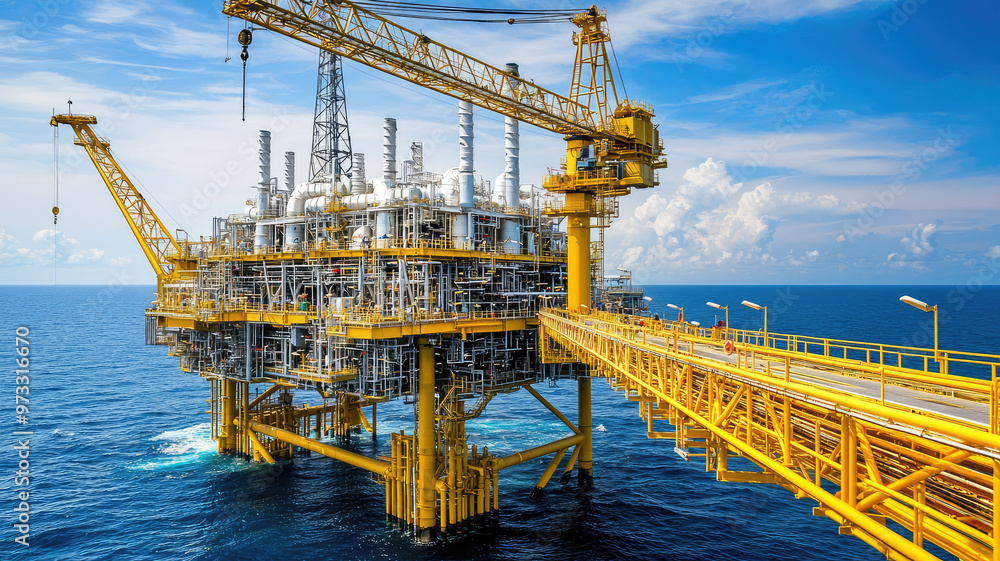Fototapeta premium Offshore oil platform with industrial crane and machinery under blue sky
