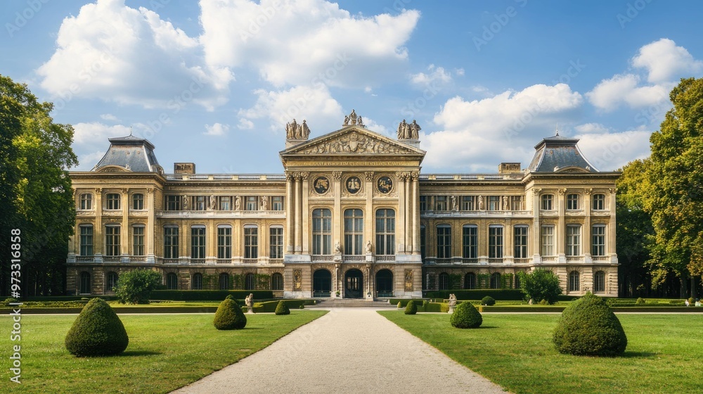 A grand, neoclassical building with a symmetrical facade, surrounded by manicured lawns and trimmed bushes. A grand, neoclassical building with a symmetrical facade, surrounded by manicured lawns and trimmed bushes.