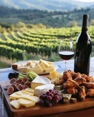 Artisanal Cheese Board and Buffalo Wings with Finger Lakes Background photo