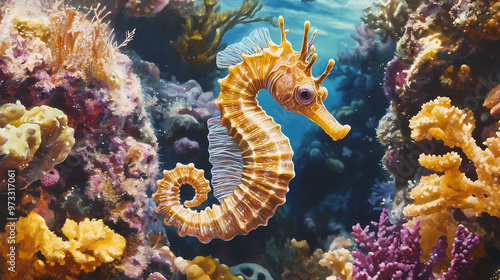 Vibrant seahorse nestled among colorful coral formations in warm, clear great barrier reef waters. Great Barrier Reef. Illustration