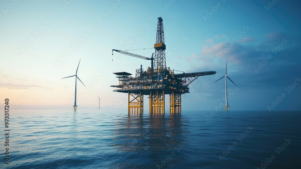 Modern oil platform with wind turbines in distance, showcasing innovation and sustainability Modern oil platform with wind turbines in distance, showcasing innovation and sustainability