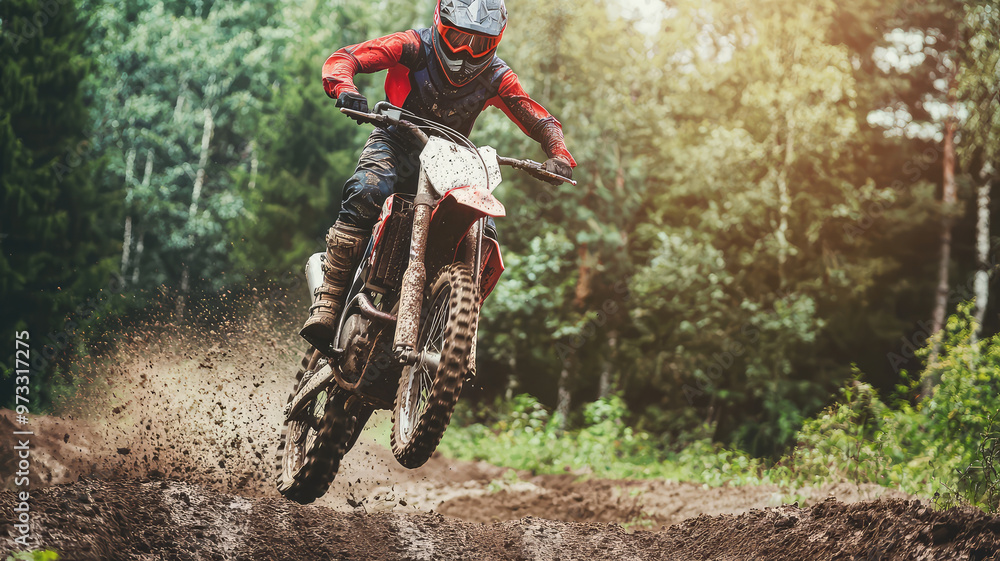 Motocross rider mid jump wearing dirt bike helmet, showcasing skill and excitement Motocross rider mid jump wearing dirt bike helmet, showcasing skill and excitement