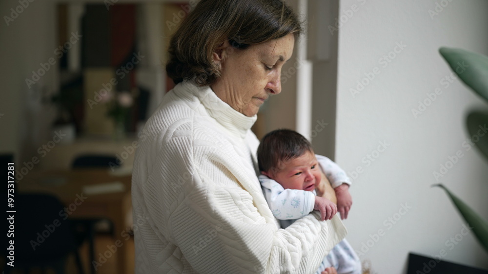 Obraz premium Elderly woman gently cradling a newborn baby, standing by a window in a softly lit room, embodying tenderness and care as she looks down at the infant with a calm and nurturing expression