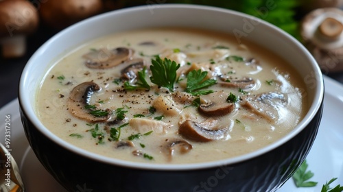 Creamy mushroom soup, Delicious appetizer| Creamy soup with chicken and mushrooms, The most delicious appetizer| Cream of Mushroom Soup Recipe, A bowl of warm mushroom cream soup 