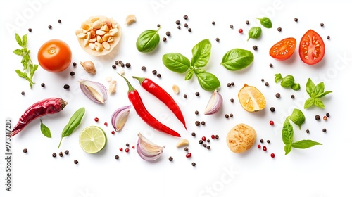 Wallpaper Mural Fresh herbs, spices, and vegetables scattered on a white background. Torontodigital.ca