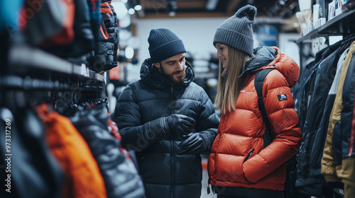 Couple Trying Winter Gear in a Sports Equipment Store photo