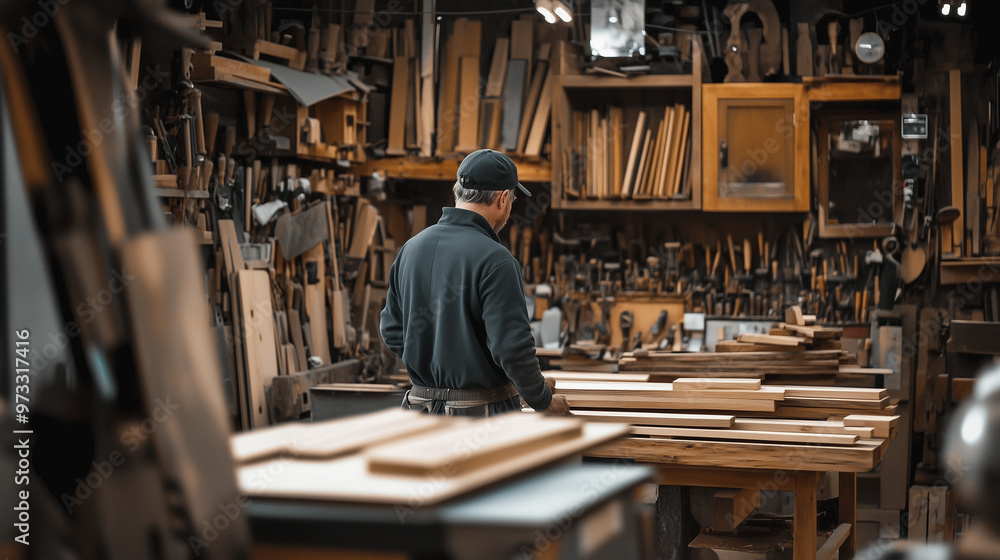 Man Browsing Timber and Tools in a Woodworking Store Man Browsing Timber and Tools in a Woodworking Store