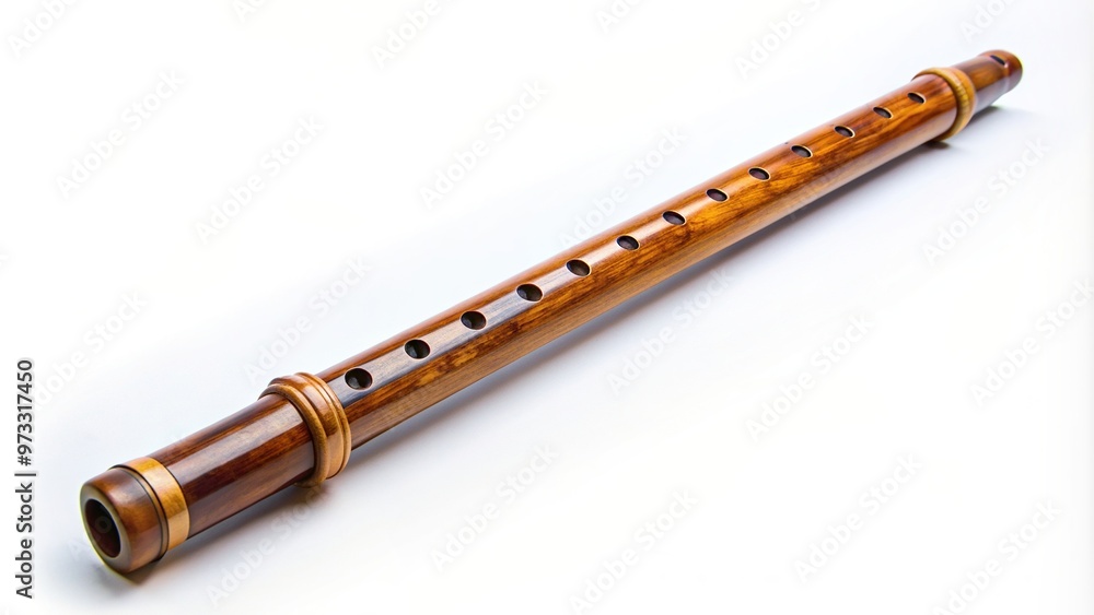 Naklejka premium Chinese dizi flute laying diagonally on a white background, cultural heritage, flute player, white background, traditional music, woodwind, instrument, sound,Chinese