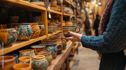 Person Examining Handmade Ceramics in an Artisan Craft Store photo