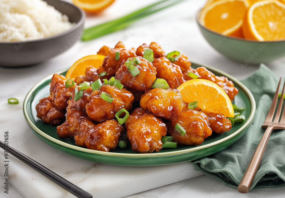Green Ceramic Pasta Plate with Crispy Orange Chicken Green Ceramic Pasta Plate with Crispy Orange Chicken
