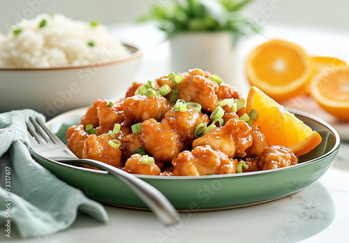 Green Ceramic Pasta Plate with Crispy Orange Chicken photo