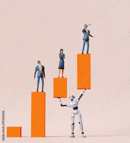 Robot holds up charts, helping business people to keep top positions. AI work together with people. 3D rendering illustration