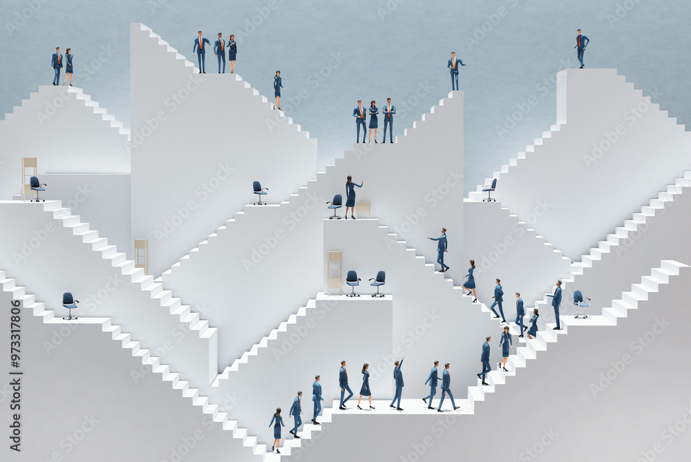 Naklejka premium Business people guessing for job interview. Senior management stay on top of stairs and looking down at candidates. Abstract business environment with white stairs 3d rendering 
