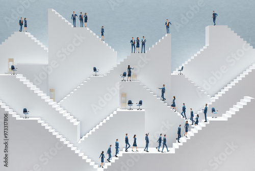 Business people guessing for job interview. Senior management stay on top of stairs and looking down at candidates.  Abstract business environment with white stairs 3d rendering 