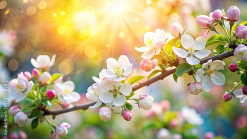 A medium shot of a blooming apple tree surrounded by a picturesque sunshine bokeh background creating a vibrant and enchanting scene, beauty, plants, blossoms, garden, flowers, bokeh