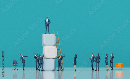 Business people are working with massive cubes, move them around, build charts, trying to get on top of construction. Business concept, professional ladder, competitive live 3D rendering illustration 