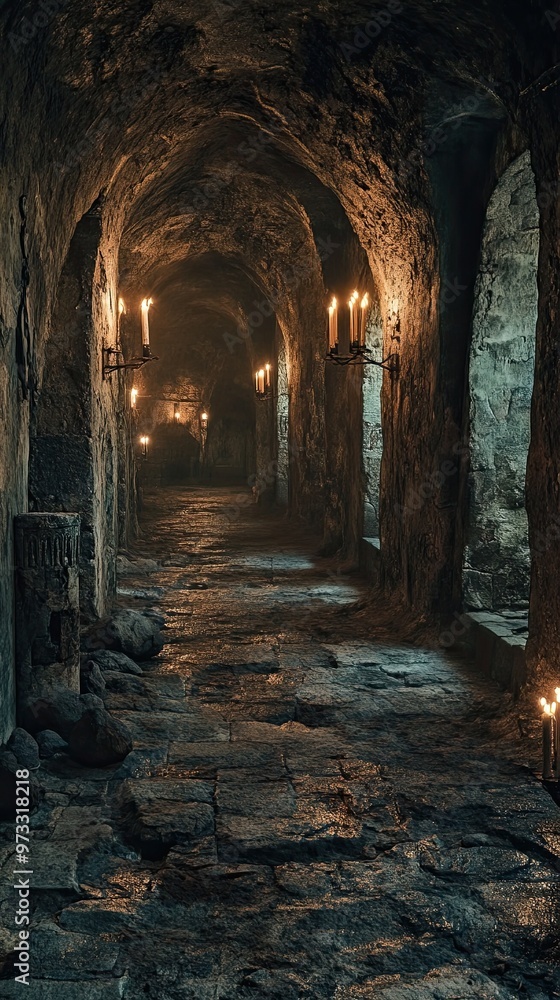 Fototapeta premium A dark, narrow passage with stone walls and a stone floor