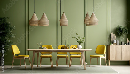 Stylish Modern Dining Room Interior: 3D Render of a Wooden Table and Chairs Against a Wall