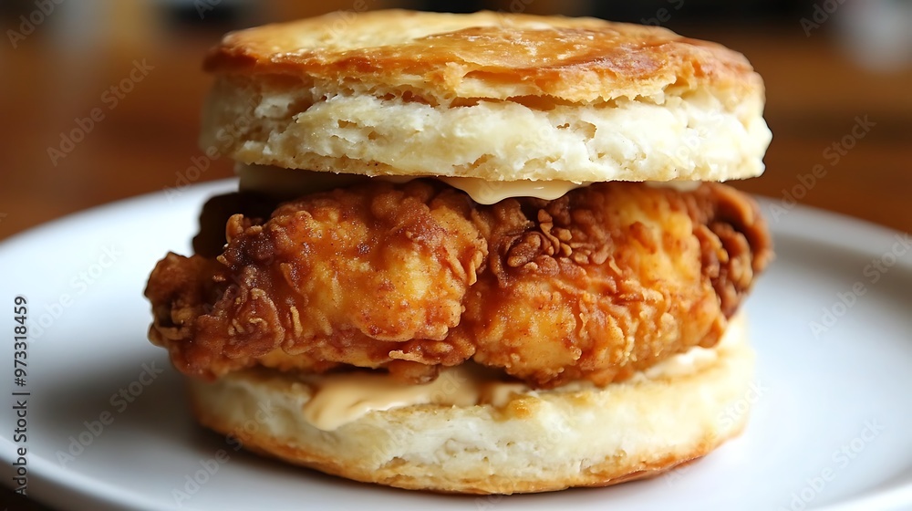A warm, buttery biscuit sandwich filled with fried chicken and honey butter A warm, buttery biscuit sandwich filled with fried chicken and honey butter