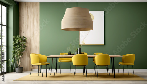 Stylish Modern Dining Room Interior: 3D Render of a Wooden Table and Chairs Against a Wall