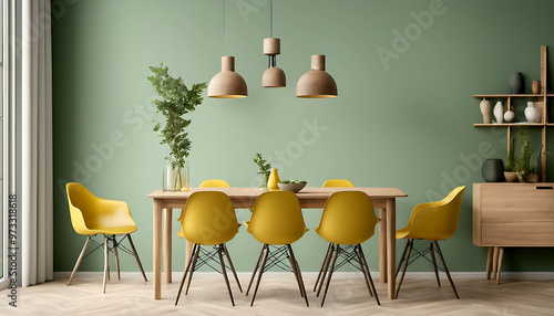 Stylish Modern Dining Room Interior: 3D Render of a Wooden Table and Chairs Against a Wall