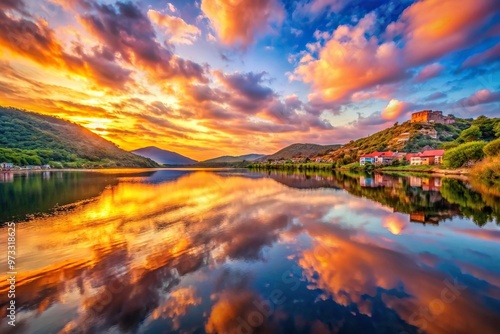 A stunning sunset view of the landscape of Bosa near the river captured from a unique worm s eye perspective showcasing the beautiful colors of the sky reflecting on the water, evening