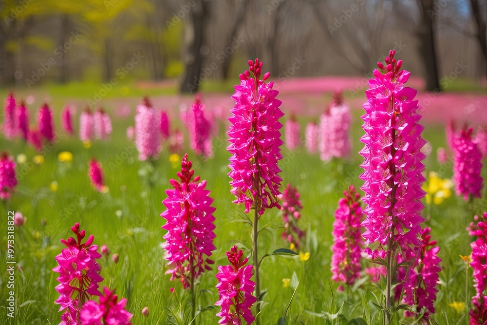 Vibrant Spring Meadow with Colorful Fuchsia Flowers and Lush Landscapes Vibrant Spring Meadow with Colorful Fuchsia Flowers and Lush Landscapes