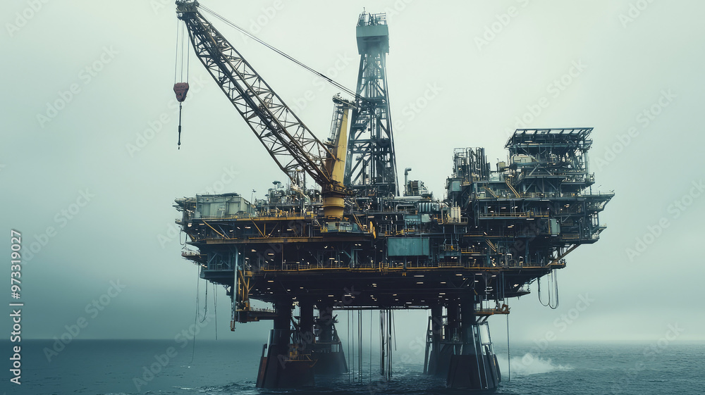 Massive crane lifting equipment on an oil platform in ocean Massive crane lifting equipment on an oil platform in ocean