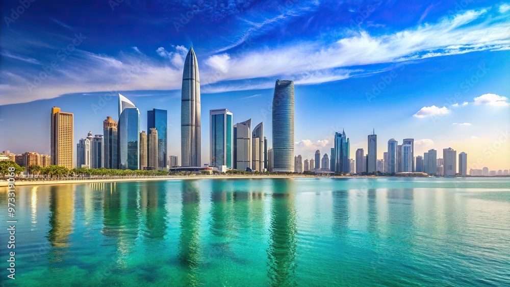 Fototapeta premium architecture, beach, waterfront, Middle East, Downtown Abu Dhabi shining under the sun with the backdrop of the sea and towering skyscrapers representing a sunny summer in the UAE