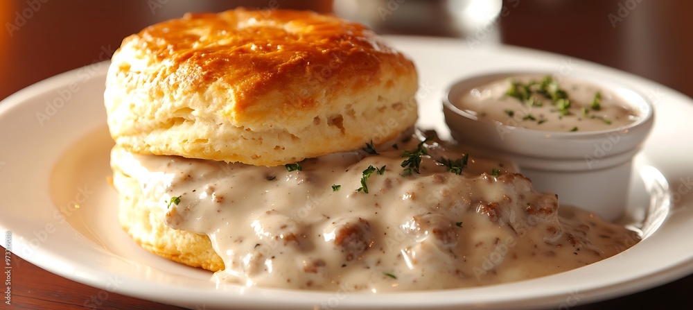 A warm, buttery biscuit with a side of sausage gravy A warm, buttery biscuit with a side of sausage gravy
