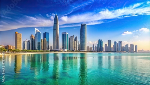 architecture, beach, waterfront, Middle East, Downtown Abu Dhabi shining under the sun with the backdrop of the sea and towering skyscrapers representing a sunny summer in the UAE