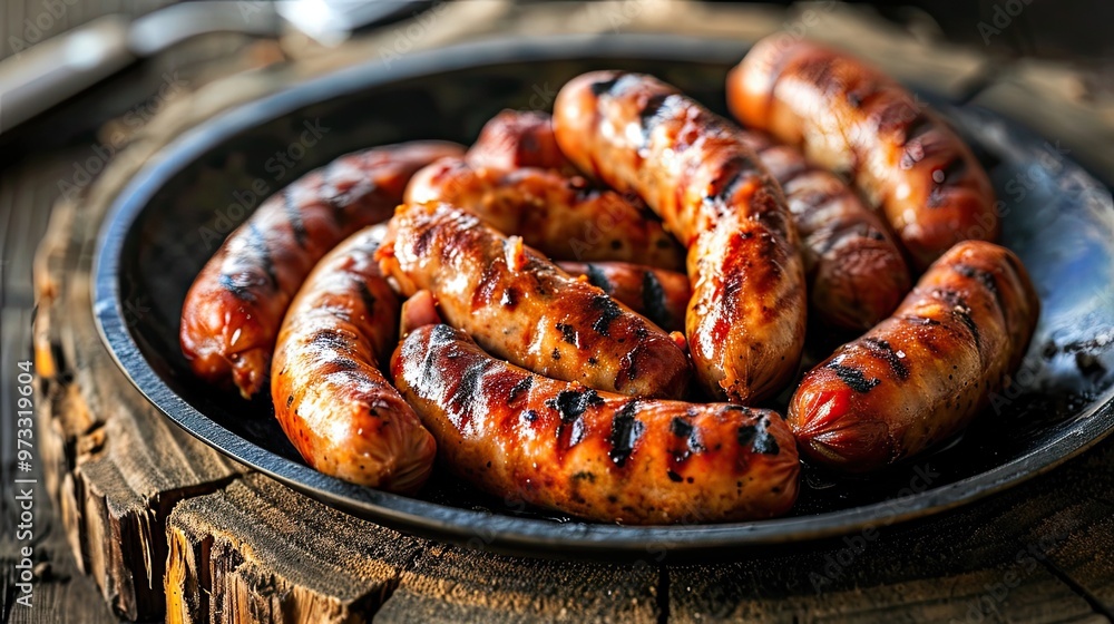 Fototapeta premium plate of grilled sausages close up