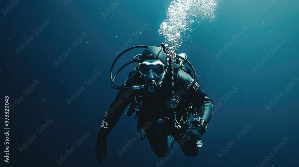 Diver descending into deep blue ocean, surrounded by bubbles Diver descending into deep blue ocean, surrounded by bubbles