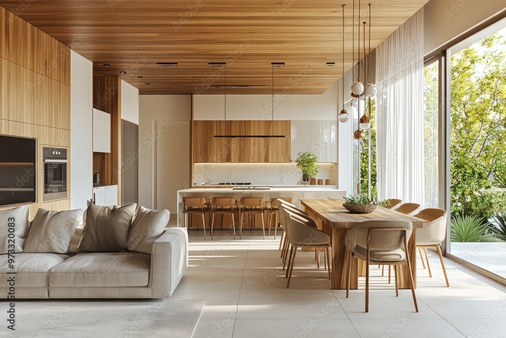 Fototapeta premium A stylishly spacious kitchen and living room design overlooking a sunny dining area, featuring modern amenities and a wooden ceiling - 3D render.