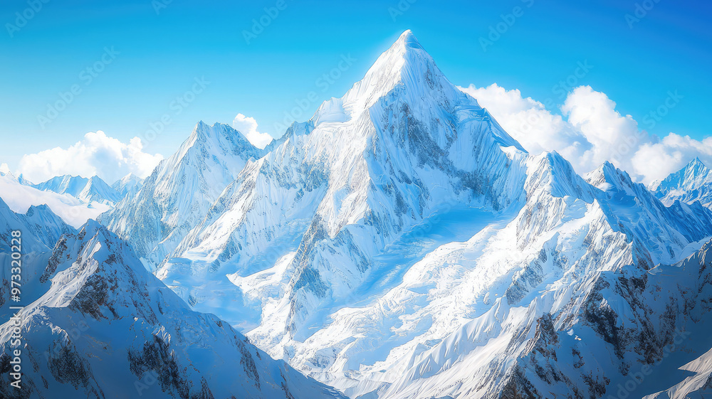 Obraz premium Majestic snow covered mountain peaks under clear blue sky evoke serenity
