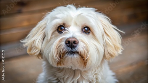 Fluffy, wrinkled, and endearingly awkward, this homely white dog with a pushed-in face and floppy ears gazes up with an irresistibly sweet and innocent expression.