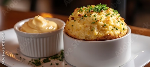 A warm, buttery cornbread muffin with a side of honey butter photo