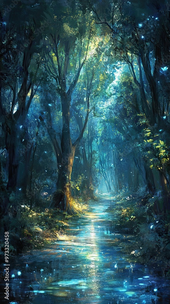 A forest with a body of water in the foreground A forest with a body of water in the foreground