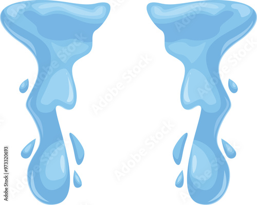 Two cartoon water splashes are flowing downwards, creating drops of water and leaving a trail