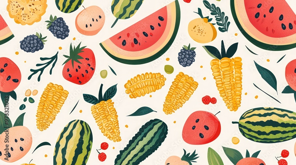 A summer seamless pattern with fruits and vegetables, creating a lively and colorful design filled with seasonal produce like watermelon, corn, and berries, perfect for food-related themes. A summer seamless pattern with fruits and vegetables, creating a lively and colorful design filled with seasonal produce like watermelon, corn, and berries, perfect for food-related themes.