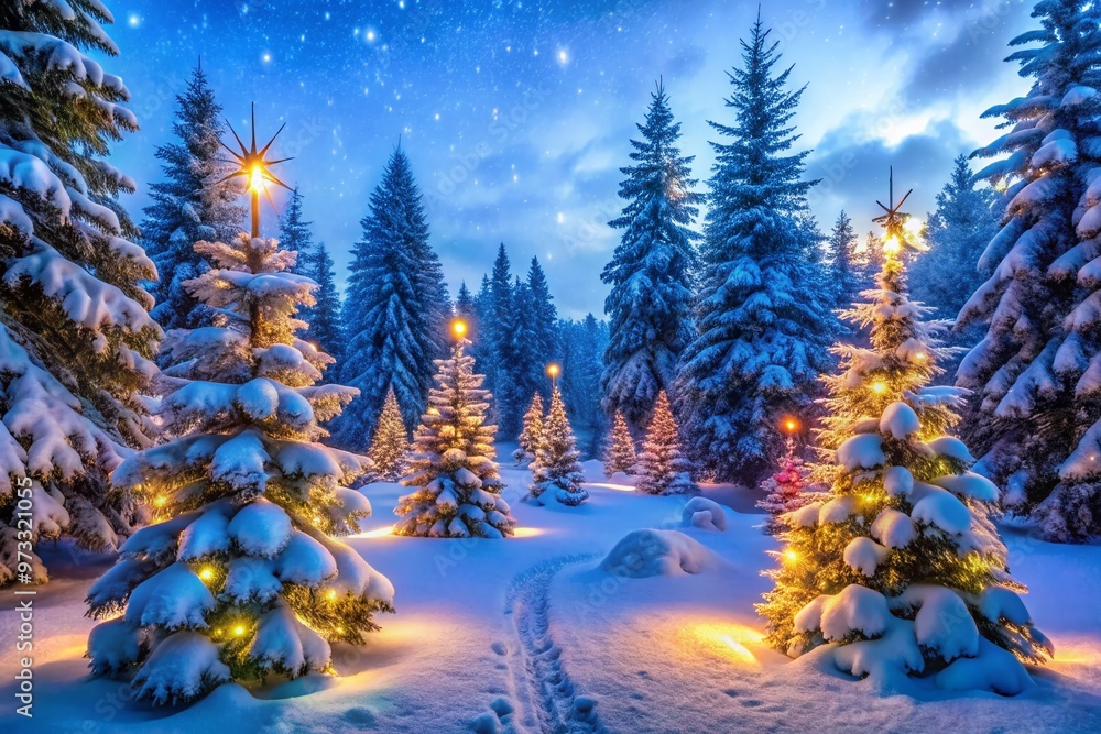 Frozen winter wonderland scene with snow-covered evergreen trees, sparkling blue lights, and festive decorations, Frozen winter wonderland scene with snow-covered evergreen trees, sparkling blue lights, and festive decorations,