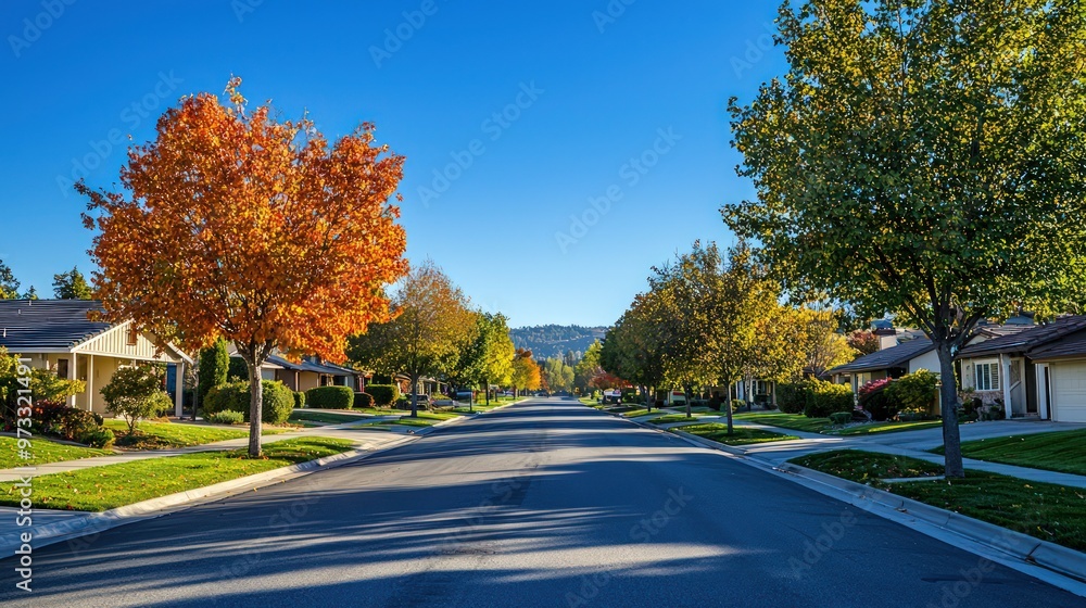 A typical residential street lined with houses and trees under a clear blue sky, portraying everyday suburban life in a peaceful setting. A typical residential street lined with houses and trees under a clear blue sky, portraying everyday suburban life in a peaceful setting.