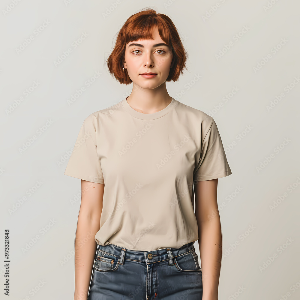 Young Caucasian woman with short brown hair, wearing a beige t-shirt, looks confidently at the camera against a neutral background. Young Caucasian woman with short brown hair, wearing a beige t-shirt, looks confidently at the camera against a neutral background.